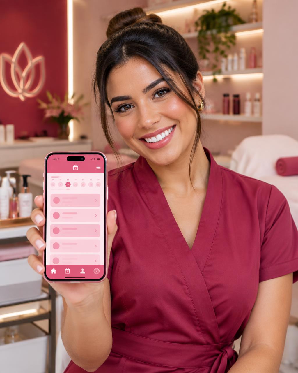 Profissional de beleza mostrando o aplicativo Beladavez no celular